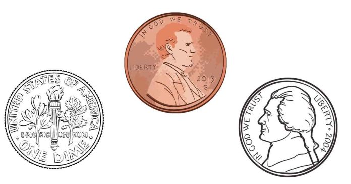 What is the difference between a penny, nickel, and dime?