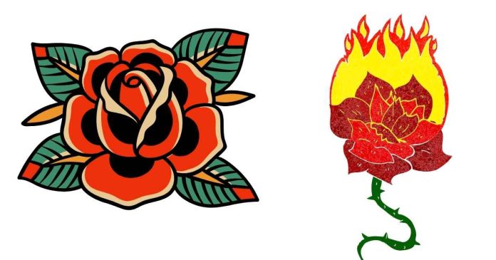 What is the symbolic meaning of a rose on fire tattoo?